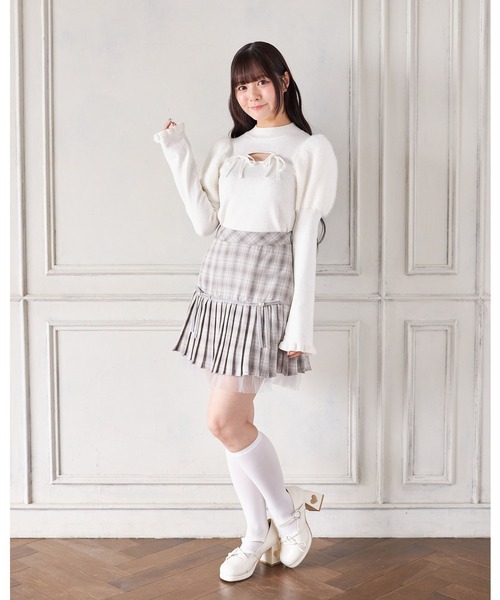 Suyunn(スユン)の「裾チュール付きリボン切り替えチェックプリーツスカート(スカート・レディース・グレー/ピンク・M)」の5枚目の写真