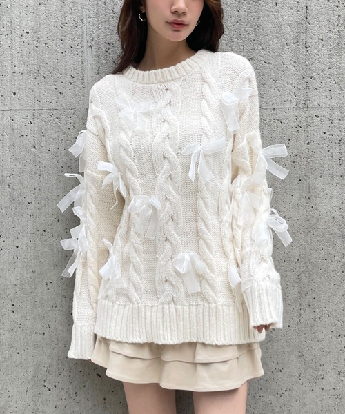 3.3 Field Trip （3.3フィールドトリップ）の「3.3 Field Trip／リボン付きオーバーシルエットニット（ニット/セーター・レディース・ブラック/オフホワイト/グレー・FREE）」の2枚目の写真