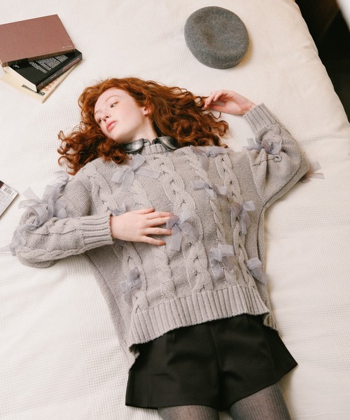 3.3 Field Trip （3.3フィールドトリップ）の「3.3 Field Trip／リボン付きオーバーシルエットニット（ニット/セーター・レディース・ブラック/オフホワイト/グレー・FREE）」の9枚目の写真