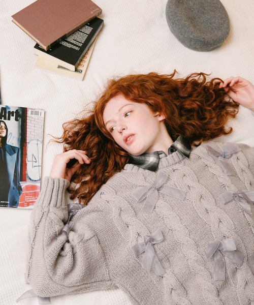 3.3 Field Trip （3.3フィールドトリップ）の「3.3 Field Trip／リボン付きオーバーシルエットニット（ニット/セーター・レディース・ブラック/オフホワイト/グレー・FREE）」の10枚目の写真