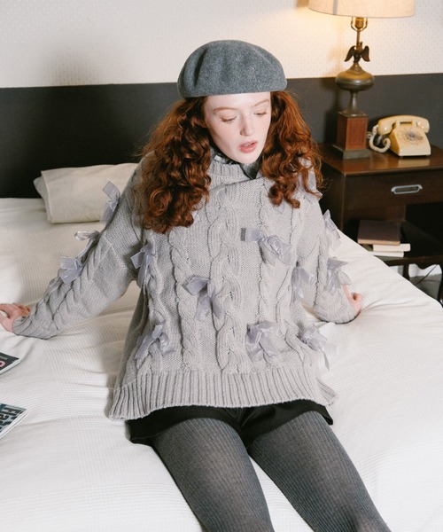 3.3 Field Trip （3.3フィールドトリップ）の「3.3 Field Trip／リボン付きオーバーシルエットニット（ニット/セーター・レディース・ブラック/オフホワイト/グレー・FREE）」の7枚目の写真