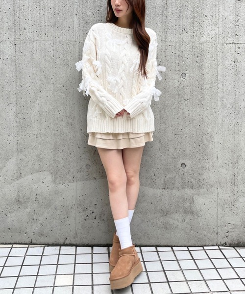 3.3 Field Trip （3.3フィールドトリップ）の「3.3 Field Trip／リボン付きオーバーシルエットニット（ニット/セーター・レディース・ブラック/オフホワイト/グレー・FREE）」の11枚目の写真