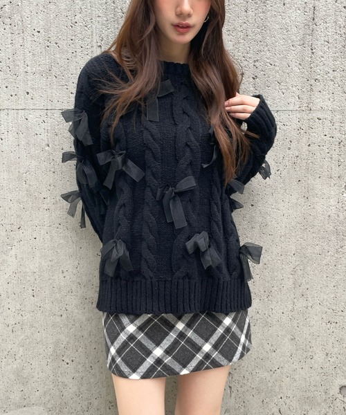 3.3 Field Trip （3.3フィールドトリップ）の「3.3 Field Trip／リボン付きオーバーシルエットニット（ニット/セーター・レディース・ブラック/オフホワイト/グレー・FREE）」の17枚目の写真