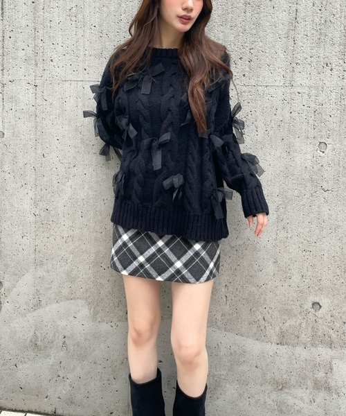 3.3 Field Trip （3.3フィールドトリップ）の「3.3 Field Trip／リボン付きオーバーシルエットニット（ニット/セーター・レディース・ブラック/オフホワイト/グレー・FREE）」の16枚目の写真