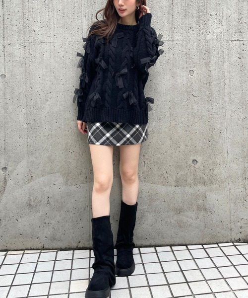 3.3 Field Trip （3.3フィールドトリップ）の「3.3 Field Trip／リボン付きオーバーシルエットニット（ニット/セーター・レディース・ブラック/オフホワイト/グレー・FREE）」の15枚目の写真