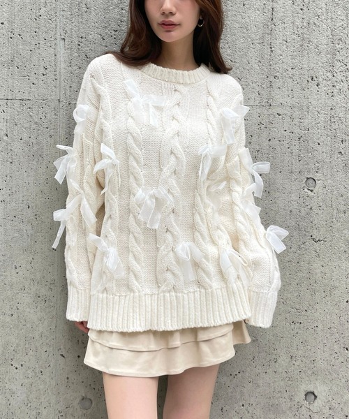 3.3 Field Trip （3.3フィールドトリップ）の「3.3 Field Trip／リボン付きオーバーシルエットニット（ニット/セーター・レディース・ブラック/オフホワイト/グレー・FREE）」の14枚目の写真