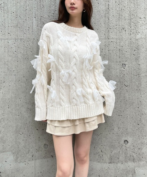 3.3 Field Trip （3.3フィールドトリップ）の「3.3 Field Trip／リボン付きオーバーシルエットニット（ニット/セーター・レディース・ブラック/オフホワイト/グレー・FREE）」の13枚目の写真