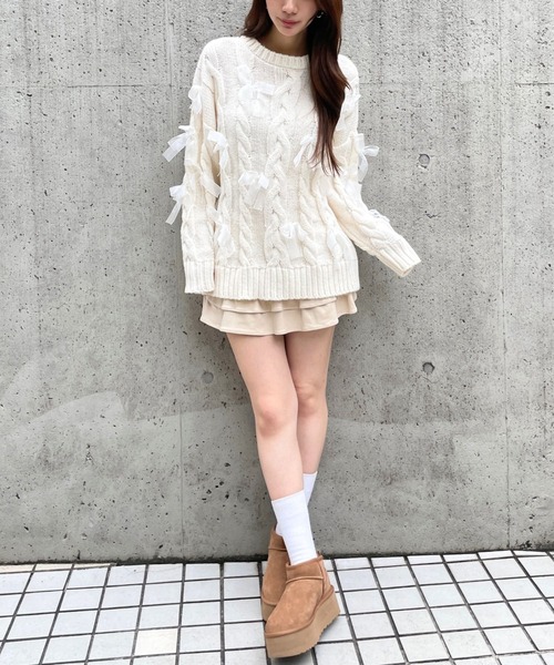 3.3 Field Trip （3.3フィールドトリップ）の「3.3 Field Trip／リボン付きオーバーシルエットニット（ニット/セーター・レディース・ブラック/オフホワイト/グレー・FREE）」の12枚目の写真