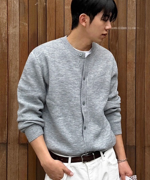 NOWLE（ノウル）の「【NOWLE】リブ編み クルーネック ニット カーディガン（カーディガン/ボレロ・メンズ・グレー・MEDIUM/LARGE/X-LARGE）」の2枚目の写真