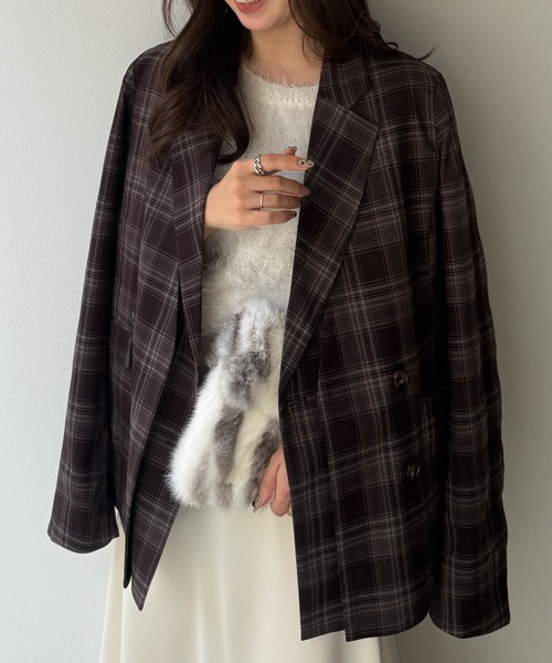 RANAN（ラナン）の「レイヤードデザインダブルジャケット（テーラードジャケット・レディース・チェック/ベージュ/ブラック・S/M/L/LL）」の3枚目の写真