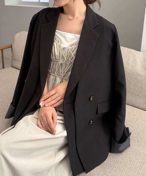 RANAN（ラナン）の「レイヤードデザインダブルジャケット（テーラードジャケット・レディース・チェック/ベージュ/ブラック・S/M/L/LL）」の2枚目の写真