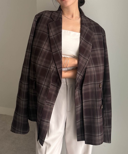 RANAN（ラナン）の「レイヤードデザインダブルジャケット（テーラードジャケット・レディース・チェック/ベージュ/ブラック・S/M/L/LL）」の4枚目の写真
