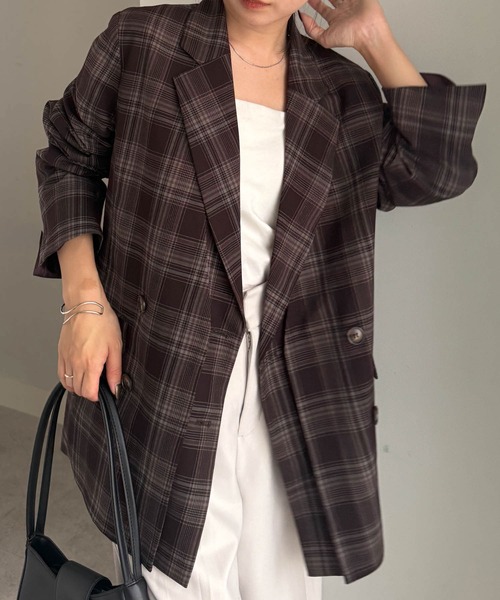 RANAN（ラナン）の「レイヤードデザインダブルジャケット（テーラードジャケット・レディース・チェック/ベージュ/ブラック・S/M/L/LL）」の5枚目の写真