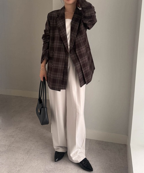 RANAN（ラナン）の「レイヤードデザインダブルジャケット（テーラードジャケット・レディース・チェック/ベージュ/ブラック・S/M/L/LL）」の6枚目の写真