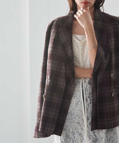 RANAN（ラナン）の「レイヤードデザインダブルジャケット（テーラードジャケット・レディース・チェック/ベージュ/ブラック・S/M/L/LL）」の15枚目の写真
