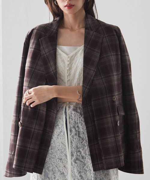 RANAN（ラナン）の「レイヤードデザインダブルジャケット（テーラードジャケット・レディース・チェック/ベージュ/ブラック・S/M/L/LL）」の16枚目の写真