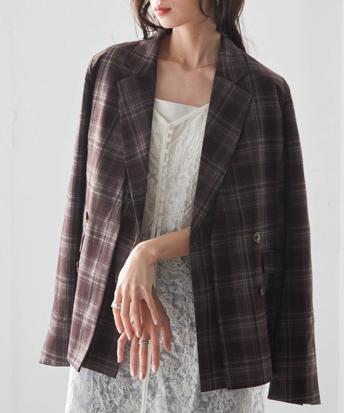 RANAN（ラナン）の「レイヤードデザインダブルジャケット（テーラードジャケット・レディース・チェック/ベージュ/ブラック・S/M/L/LL）」の17枚目の写真