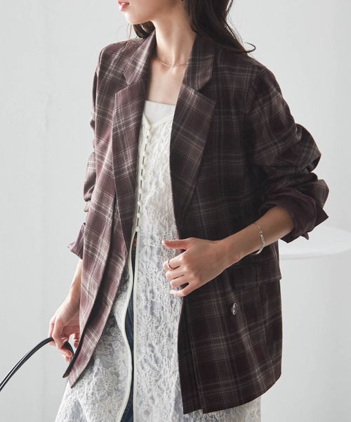 RANAN（ラナン）の「レイヤードデザインダブルジャケット（テーラードジャケット・レディース・チェック/ベージュ/ブラック・S/M/L/LL）」の14枚目の写真