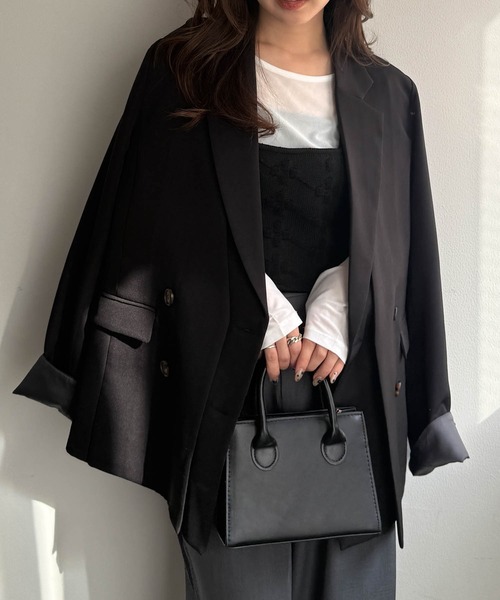 RANAN（ラナン）の「レイヤードデザインダブルジャケット（テーラードジャケット・レディース・チェック/ベージュ/ブラック・S/M/L/LL）」の7枚目の写真