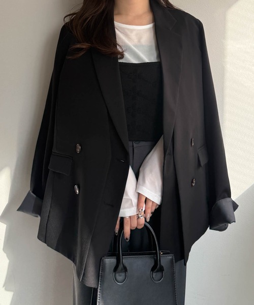 RANAN（ラナン）の「レイヤードデザインダブルジャケット（テーラードジャケット・レディース・チェック/ベージュ/ブラック・S/M/L/LL）」の8枚目の写真