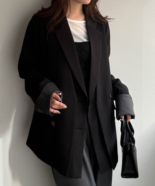 RANAN（ラナン）の「レイヤードデザインダブルジャケット（テーラードジャケット・レディース・チェック/ベージュ/ブラック・S/M/L/LL）」の9枚目の写真