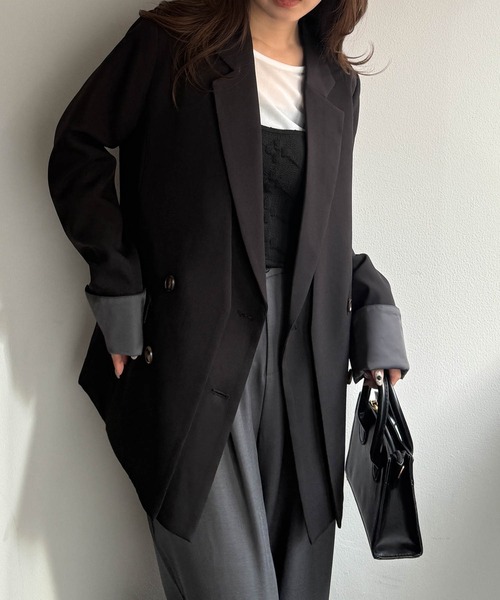 RANAN（ラナン）の「レイヤードデザインダブルジャケット（テーラードジャケット・レディース・チェック/ベージュ/ブラック・S/M/L/LL）」の10枚目の写真