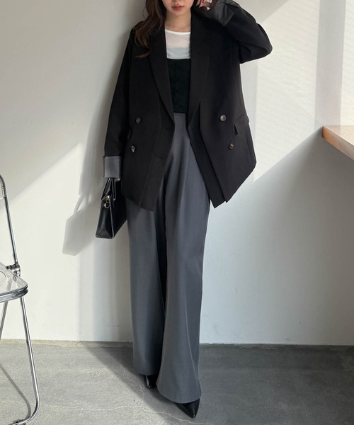 RANAN（ラナン）の「レイヤードデザインダブルジャケット（テーラードジャケット・レディース・チェック/ベージュ/ブラック・S/M/L/LL）」の11枚目の写真