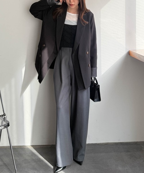 RANAN（ラナン）の「レイヤードデザインダブルジャケット（テーラードジャケット・レディース・チェック/ベージュ/ブラック・S/M/L/LL）」の12枚目の写真