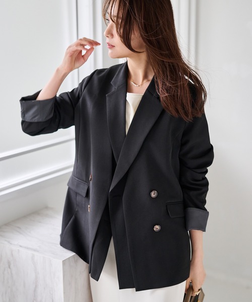 RANAN（ラナン）の「レイヤードデザインダブルジャケット（テーラードジャケット・レディース・チェック/ベージュ/ブラック・S/M/L/LL）」の13枚目の写真