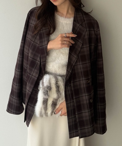 RANAN（ラナン）の「レイヤードデザインダブルジャケット（テーラードジャケット・レディース・チェック/ベージュ/ブラック・S/M/L/LL）」の18枚目の写真