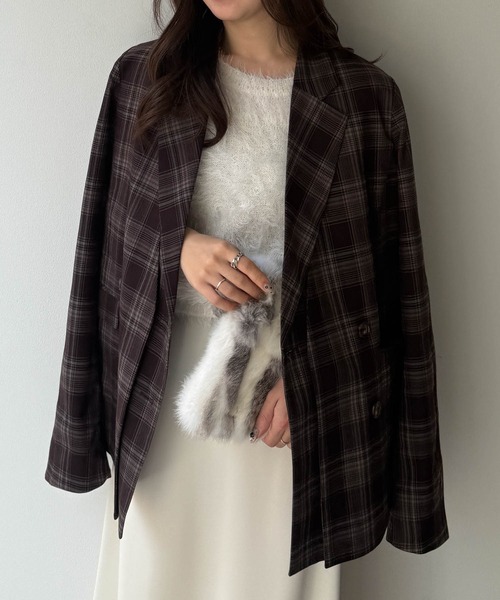 RANAN（ラナン）の「レイヤードデザインダブルジャケット（テーラードジャケット・レディース・チェック/ベージュ/ブラック・S/M/L/LL）」の19枚目の写真