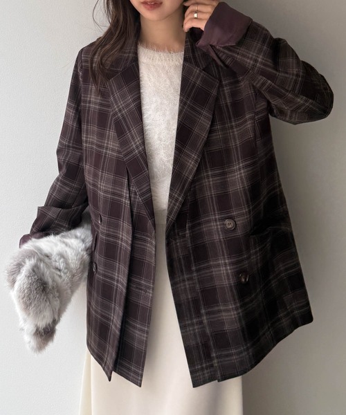 RANAN（ラナン）の「レイヤードデザインダブルジャケット（テーラードジャケット・レディース・チェック/ベージュ/ブラック・S/M/L/LL）」の22枚目の写真