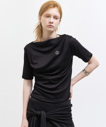 HALF SHIRRING DRAPE BOAT NECK TOP_BLACK