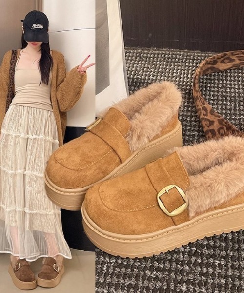 セール】厚底ファー ムートンローファー（ローファー）｜AMELY