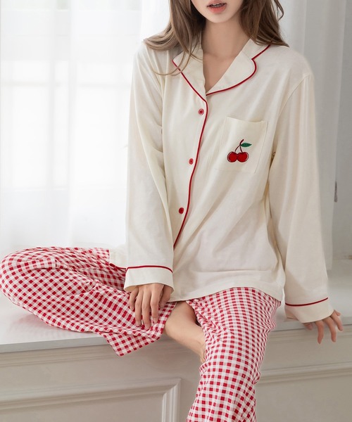 セール】【セットアップ/開襟タイプ/ロング丈】長袖パイピングチェリー