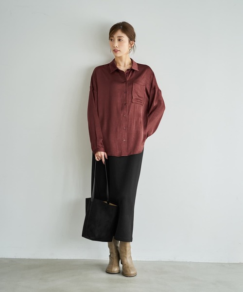 STYLE DELI(スタイルデリ)の「【LUXE】シボ入りとろみサテンシャツB(シャツ/ブラウス・レディース・ライトベージュ/バーガンディー/グレー・FREE)」の14枚目の写真