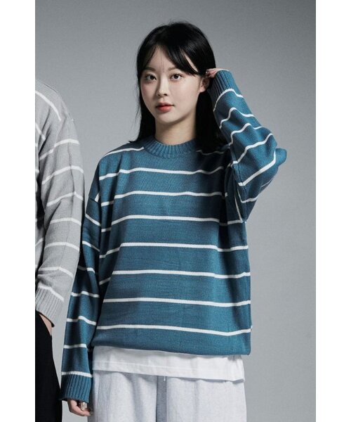 APOSTROPHE COMMA(アポストロフィコンマ)の「ポイントラベルストライプクルーネックオーバーニット(ミント)(ニット/セーター・レディース・その他・MEDIUM/LARGE)」の1枚目の写真