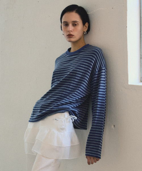 CITTA(シータ)の「S/S ソフトコットンストライプTシャツ_CTT348(ブルー)(Tシャツ/カットソー・レディース・ブルー・FREE)」の1枚目の写真