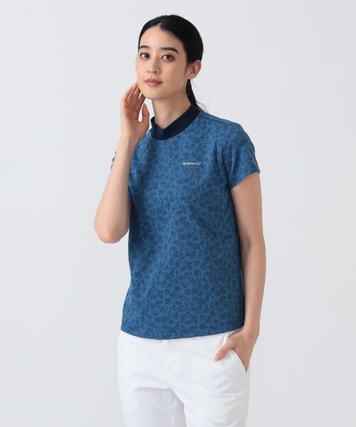 BEAMS GOLF(ビームスゴルフ)の「PURPLE LABEL / シャドーフラワー ジャカード モックネックシャツ (接触冷感・吸水速乾・UVカット)(Tシャツ/カットソー・レディース・ネイビー/ホワイト・MEDIUM/SMALL/LARGE)」の2枚目の写真