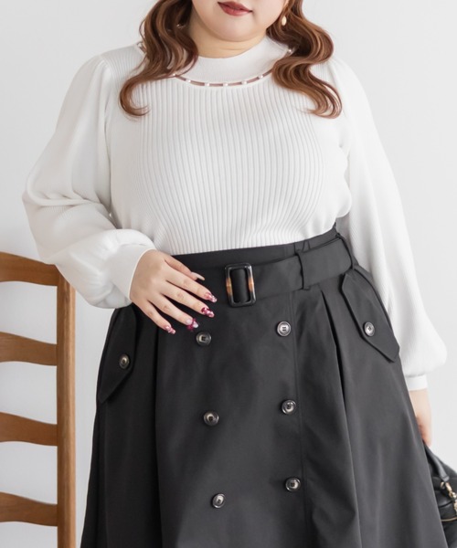 CLETTE(クレット)の「CLETTEオリジナルパールネック長袖リブニット(ニット/セーター・レディース・ピンク/ブラック/オフホワイト・4L/3L/LL)」の4枚目の写真