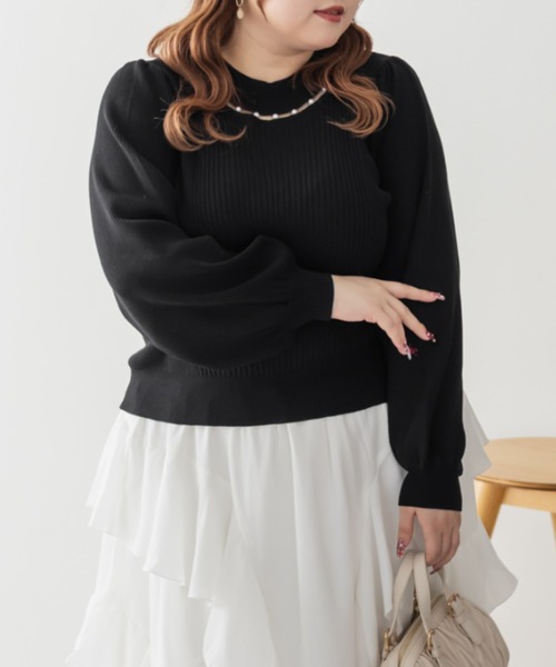 CLETTE(クレット)の「CLETTEオリジナルパールネック長袖リブニット(ニット/セーター・レディース・ピンク/ブラック/オフホワイト・4L/3L/LL)」の8枚目の写真