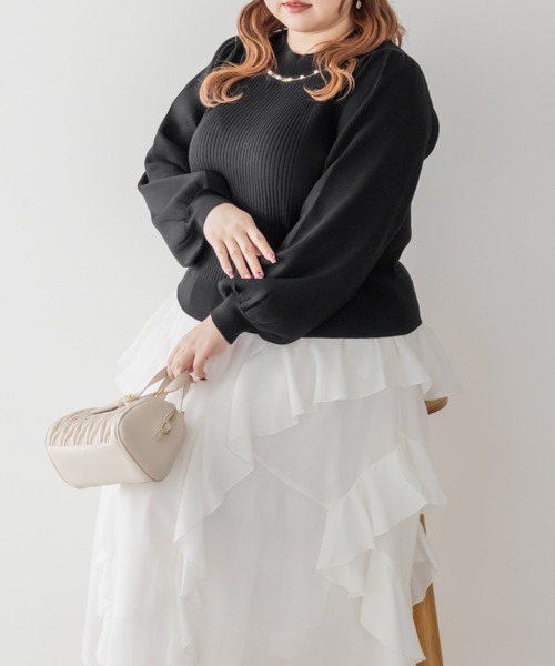 CLETTE(クレット)の「CLETTEオリジナルパールネック長袖リブニット(ニット/セーター・レディース・ピンク/ブラック/オフホワイト・4L/3L/LL)」の9枚目の写真