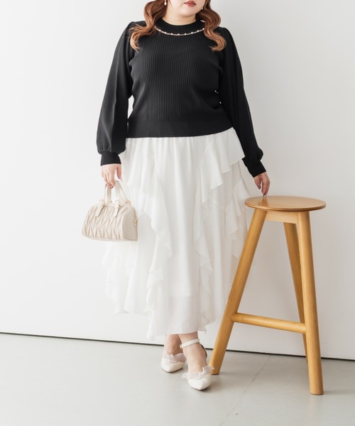 CLETTE(クレット)の「CLETTEオリジナルパールネック長袖リブニット(ニット/セーター・レディース・ピンク/ブラック/オフホワイト・4L/3L/LL)」の10枚目の写真