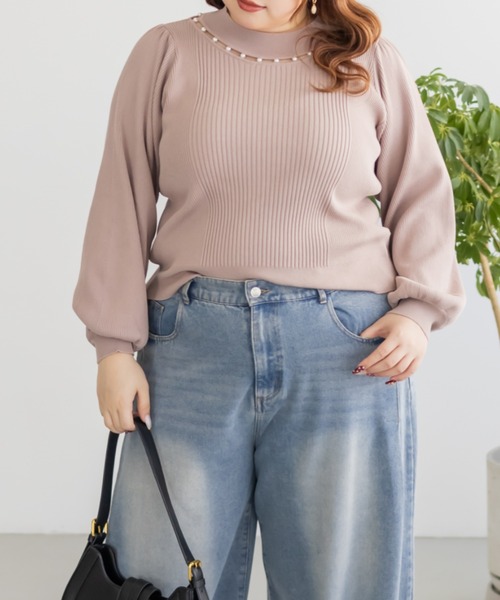 CLETTE(クレット)の「CLETTEオリジナルパールネック長袖リブニット(ニット/セーター・レディース・ピンク/ブラック/オフホワイト・4L/3L/LL)」の12枚目の写真