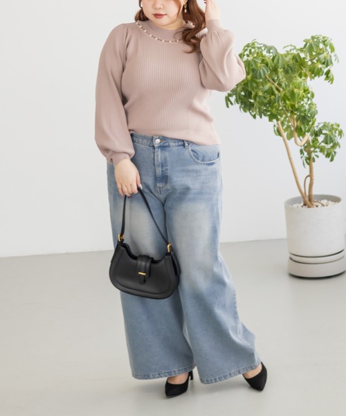 CLETTE(クレット)の「CLETTEオリジナルパールネック長袖リブニット(ニット/セーター・レディース・ピンク/ブラック/オフホワイト・4L/3L/LL)」の14枚目の写真