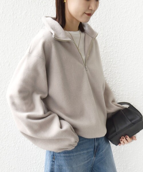 洗濯機可能〉フリース 裾 ドロスト ハーフ ジップ プルオーバー