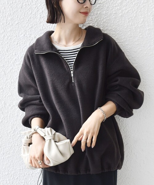 洗濯機可能〉フリース 裾 ドロスト ハーフ ジップ プルオーバー