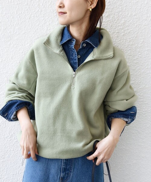 洗濯機可能〉フリース 裾 ドロスト ハーフ ジップ プルオーバー