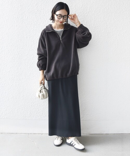 洗濯機可能〉フリース 裾 ドロスト ハーフ ジップ プルオーバー