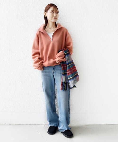 洗濯機可能〉フリース 裾 ドロスト ハーフ ジップ プルオーバー